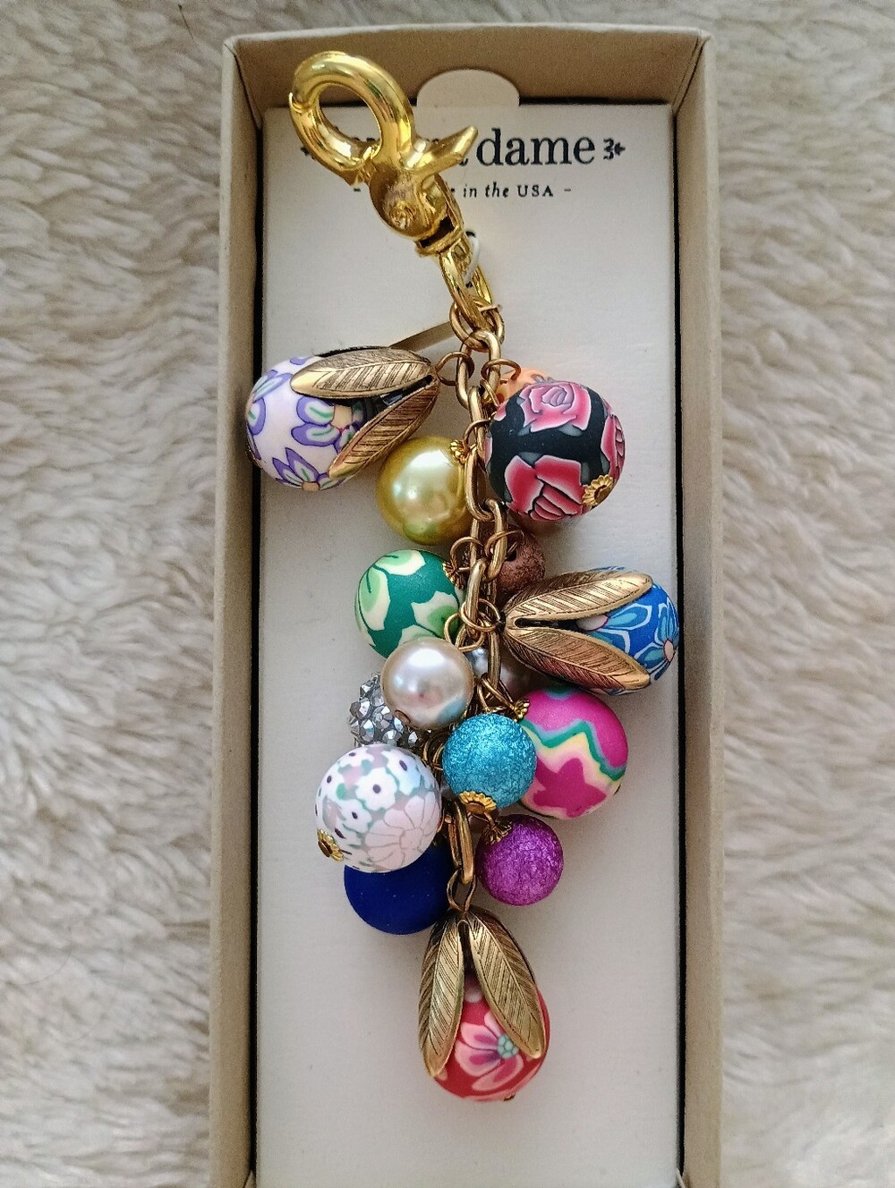 NWT Lenora Dame Mixed Beaded Bag Charm Purse Keychain Gold Tone